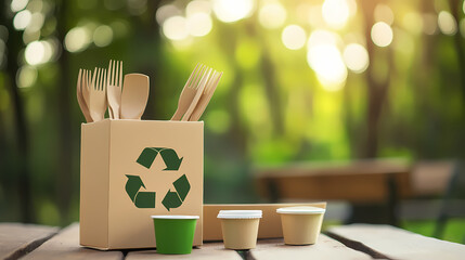 Eco-Friendly Picnic Utensils: A collection of eco-conscious utensils and containers, including wooden cutlery and recyclable cups. It showcases the commitment to sustainability and environment.