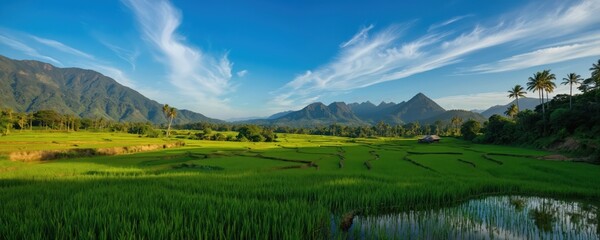 Obraz premium Lush green rice fields stretch towards majestic mountains under a clear blue sky. This tranquil landscape features vibrant vegetation and offers ample space for creative design elements and text.