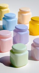 Colorful square glass jars, various pastel shades, arranged in a pattern