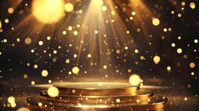 Golden podium stage with sparkling lights. Award ceremony and luxury showcase concept.