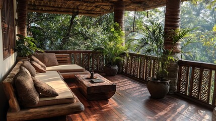 Fototapeta premium A eco hotel balcony in a traditional Indian style, featuring flooring made from reclaimed teak wood, intricate railings crafted from locally sourced bamboo and comfortable low .