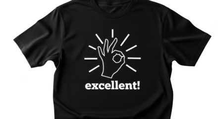 Black t shirt with ok hand gesture and excellent text isolated on transparent background
