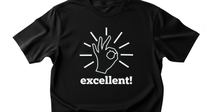 Black t shirt with ok hand gesture and excellent text isolated on transparent background