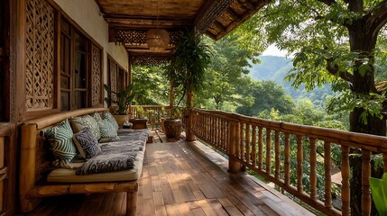 Obraz premium A eco hotel balcony in a traditional Indian style, featuring flooring made from reclaimed teak wood, intricate railings crafted from locally sourced bamboo and comfortable low .