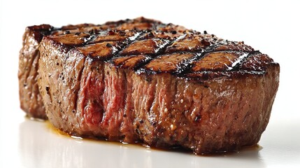Premium Medium-Rare Fillet Steak with Clear Grill Marks and Juicy Texture on White Background for Food Promotion and Menu Design