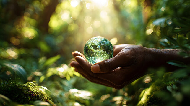 Hands holding a glowing green orb in a sunlit forest image - Powered by Adobe