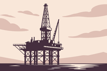 Obraz premium Steel oil rig looms over the sea under pastel morning skies, symbolizing industrial strength and offshore energy, modern flat illustration style.
