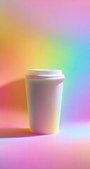 Blank white disposable coffee cup, vibrant pastel backdrop