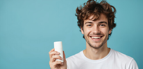 Young man with curly brown hair holds white deodorant stick. He smiles confidently against a bright blue background, wearing a white t-shirt. Product focused on personal care, hygiene, and freshness.
