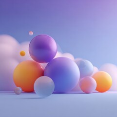 Colorful spheres floating on clouds, pastel background.  Abstract art, website header