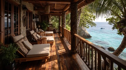 Fototapeta premium A hotel balcony reflecting the coastal beauty of the Philippines, featuring a floor made of reclaimed wood, wooden railings and comfortable lounge chairs with cushions made from .