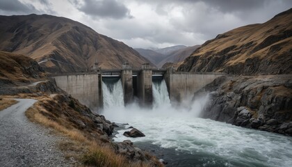 Massive hydroelectric dam structure in rugged mountains with powerful river flow. Water cascades through gates generating clean renewable energy under dramatic cloudy sky. Scenic landscape