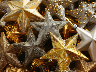 Close-up of glittery gold and silver Christmas stars