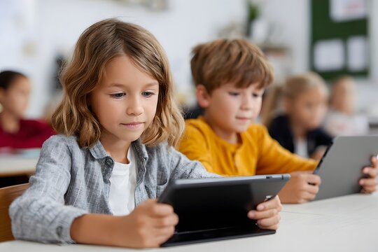 Children using tablets for learning in inclusive classroom Generative AI