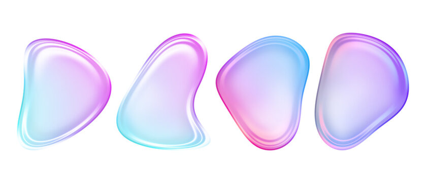 Glossy holographic liquid blobs bubble shape in iridescent violet, pink and blue gradient with abstract fluid form,stylish 3D design elements perfect for modern backgrounds, branding, UI, packaging an