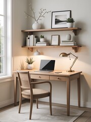 Light wood desk with laptop and cane chair home office