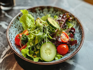 Realistic bowl of fresh mixed salad with greens and cucumbers