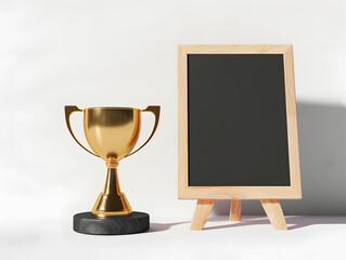 Trophy and chalkboard on white background
