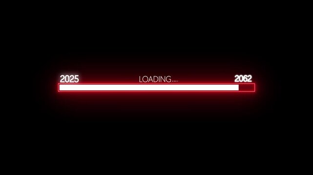 Minimal white progress bar animation showing transition from year 2025 to 2062 on black background. Great for New Year projects, timelines, or digital countdown visuals. .Happy New year 2062 loading 