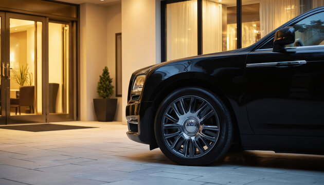 Luxurious black automobile parked at modern hotel entrance. Sleek vehicle conveys elegance, sophistication, urban style. Perfect for travel, hospitality, business themes.