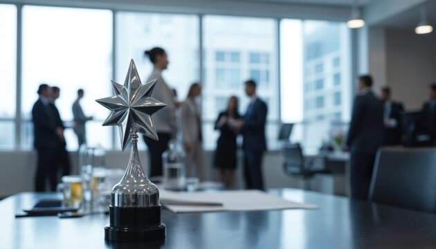 Shiny star trophy on office table symbolizes workplace achievement, success, recognition. Blurred business people in background suggest corporate competition, team victory, and celebration.