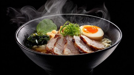 Steaming Japanese Ramen with Chashu, Soft-Boiled Egg, Seaweed and Green Onions at 45-Degree Angle for Menu Design