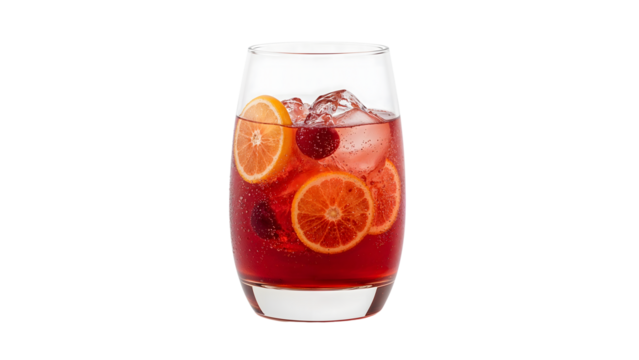 Refreshing cranberry orange drink with ice and bubbles in a transparent glass on the transparent background