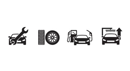 Car service icons showing repair tire fuel and wash silhouette