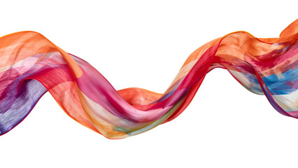 Fototapeta premium Colorful flowing fabric wave on the transparent background vibrant abstract textile, orange, red, blue, translucent material, modern art concept