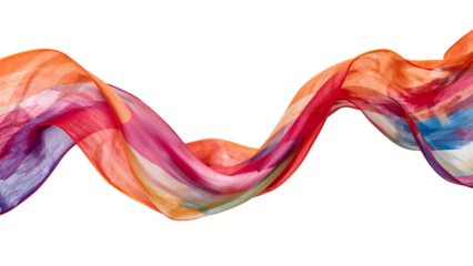 Colorful flowing fabric wave on the transparent background  vibrant abstract textile, orange, red, blue, translucent material, modern art concept