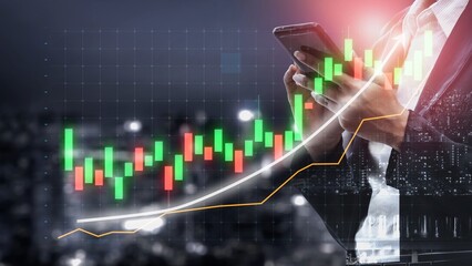 A businessman examines stock market trends using a smartphone. Financial graphs overlay an urban skyline at night, illustrating modern trading and investment strategies. Copula
