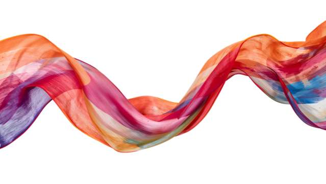 Colorful flowing fabric wave on the transparent background  vibrant abstract textile, orange, red, blue, translucent material, modern art concept