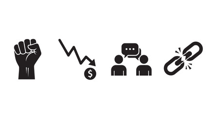 Set of four icons representing protest financial decline communication and broken connection silhouette