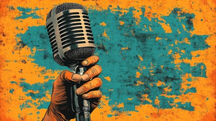 A hand grips a vintage microphone against a striking orange and teal background