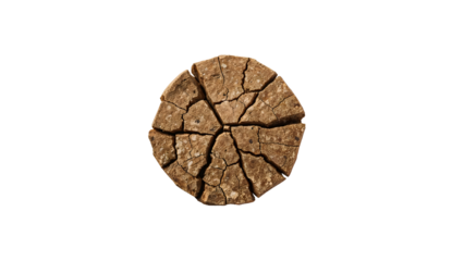 Rustic round brown rye bread loaf cracked and broken into segments on the transparent background, artisan food concept