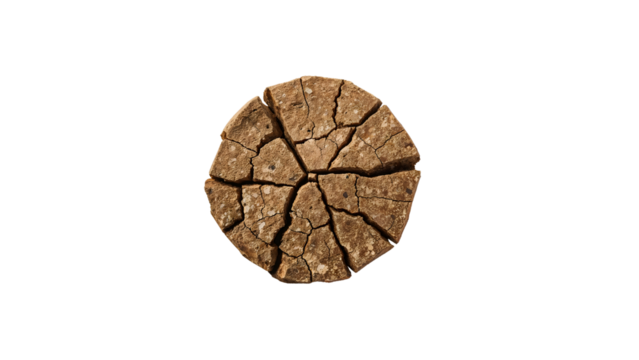 Rustic round brown rye bread loaf cracked and broken into segments on the transparent background, artisan food concept
