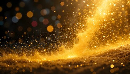 Fototapeta premium PNG bright particles and yellow dust glow on festive background, as each sparkle ignites a dust trail and shimmer reflects the light of golden dust PNG.