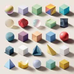 Obraz premium Colorful 3D shapes studio shot, geometric forms background, design elements