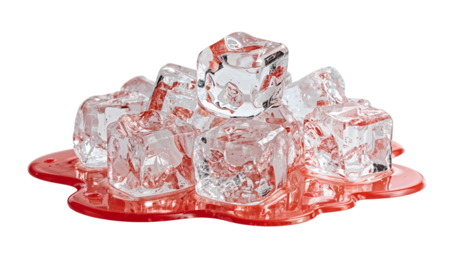 Clear ice cubes melting on red liquid surface isolated on the transparent background, refreshment concept, summer beverage, cold drinks, creative food art