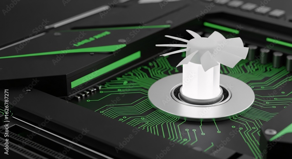 Poster close-up of a futuristic circuit board with green glowing traces and a white cooling fan, symbolizin
