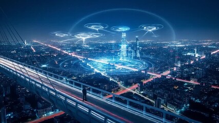 Futuristic Cityscape: Night View, Dynamic Data Streams, and a Lone Observer on a Bridge - Powered by Adobe