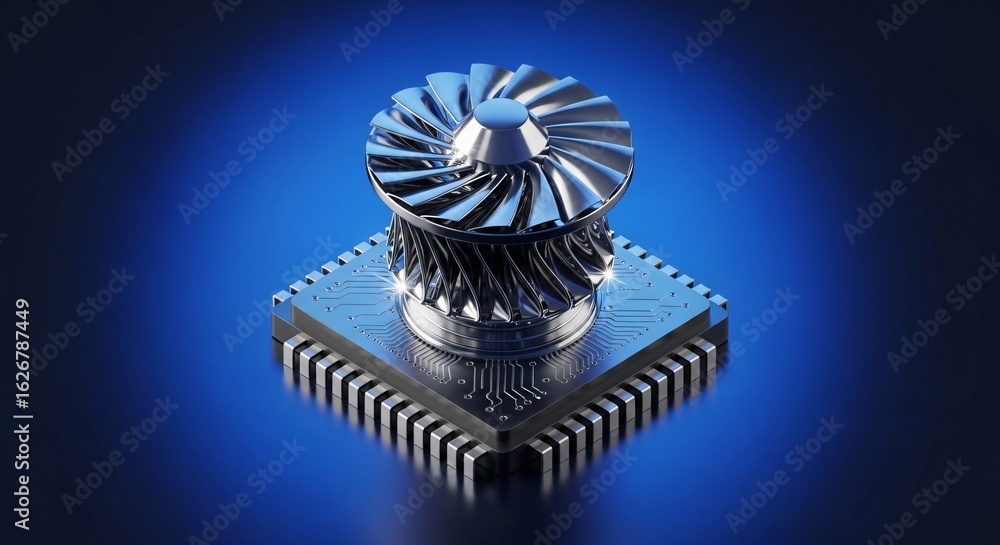Poster advanced processor with turbine cooling system on a blue illuminated background, representing comput