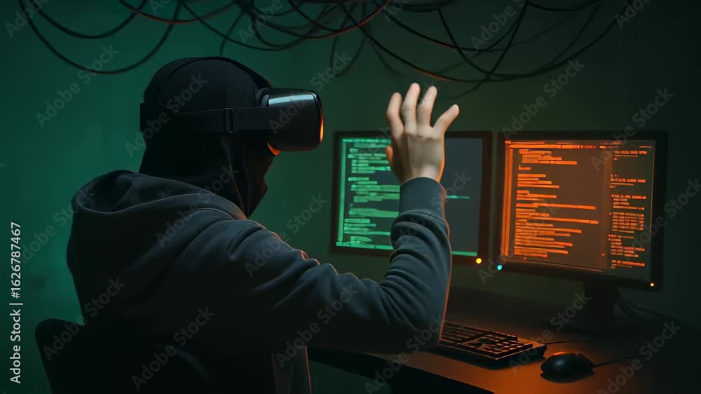 Poster immersive virtual reality experience with engaging interaction in a dark tech environment