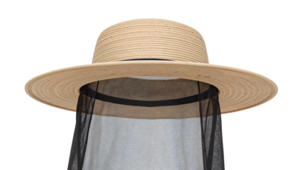 Wide brim straw sun hat with black mesh face shield for outdoor protection, gardening, and beekeeping