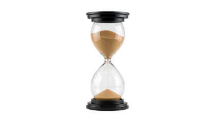 Classic glass hourglass timer with flowing sand on the transparent background symbolizing time passing, patience, and countdown