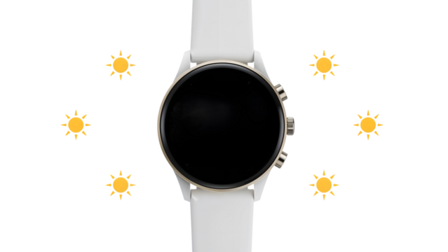 Modern white smartwatch with blank screen surrounded by yellow sun icons on clean white background