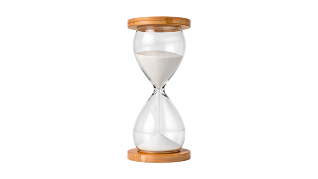 Glass hourglass with wooden base and white sand isolated on the transparent background representing time and countdown concept
