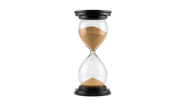 Classic glass hourglass timer with flowing sand on the transparent background symbolizing time passing, patience, and countdown