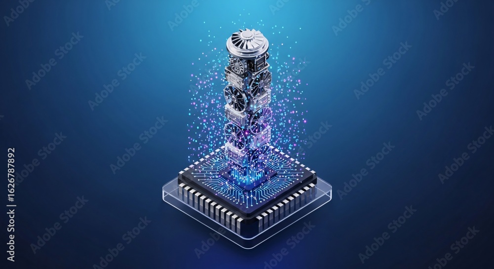 Poster computer chip with stacked cooling fans and glowing data particles on a vibrant blue background repr