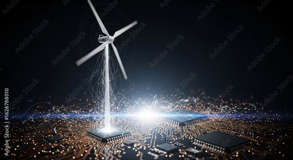 Poster wind turbine generating clean energy on a circuit board, symbolizing sustainable technology and rene